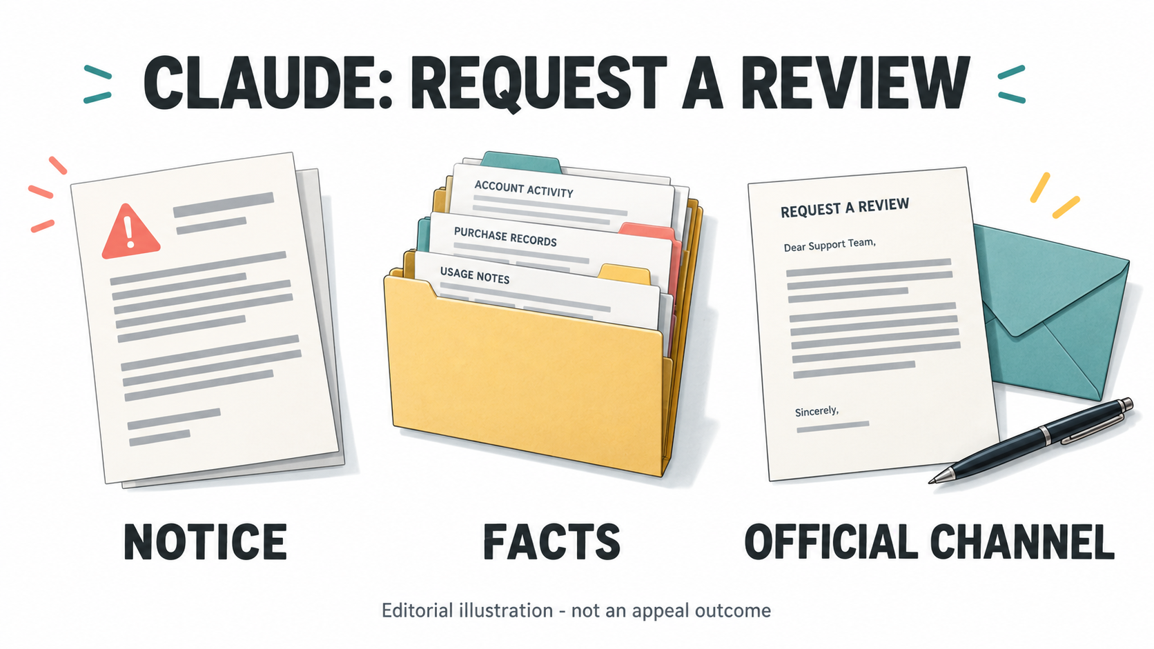 Editorial illustration of a restriction notice, factual records and a prepared review letter