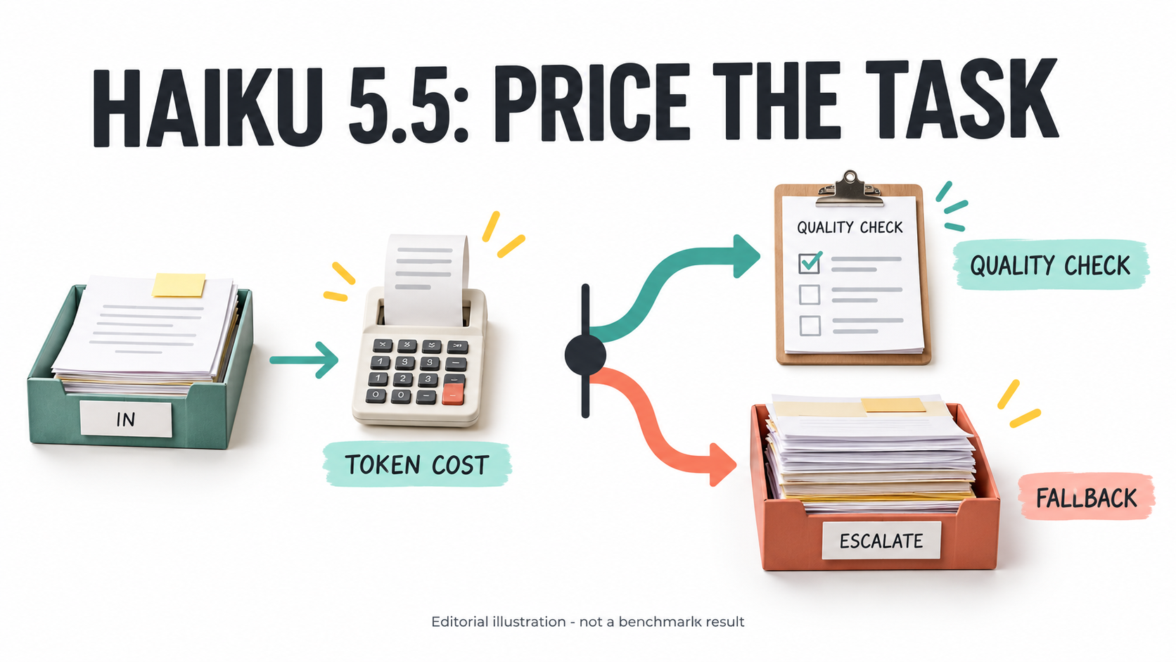Editorial illustration of Haiku task costs, quality review and fallback routing