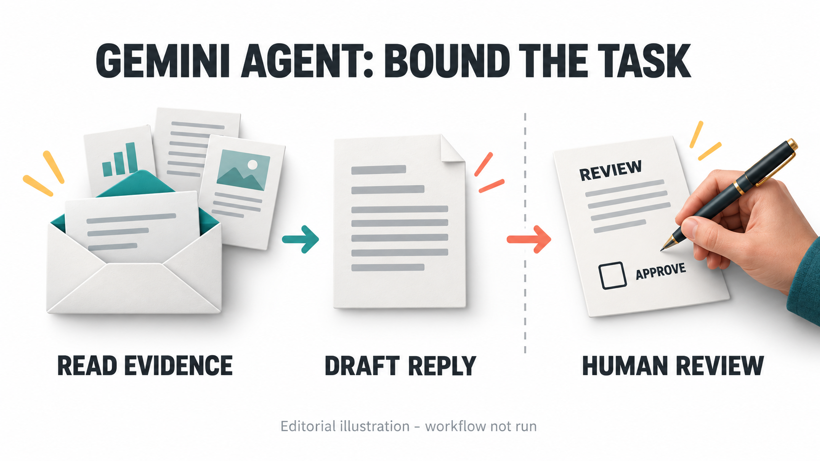 Editorial illustration separating evidence reading and reply drafting from pending human review