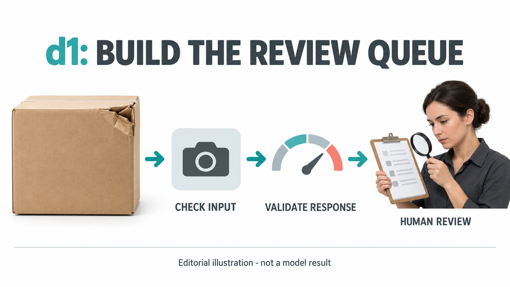 AI-generated editorial illustration of a carton image moving through input checks, a model score and human review