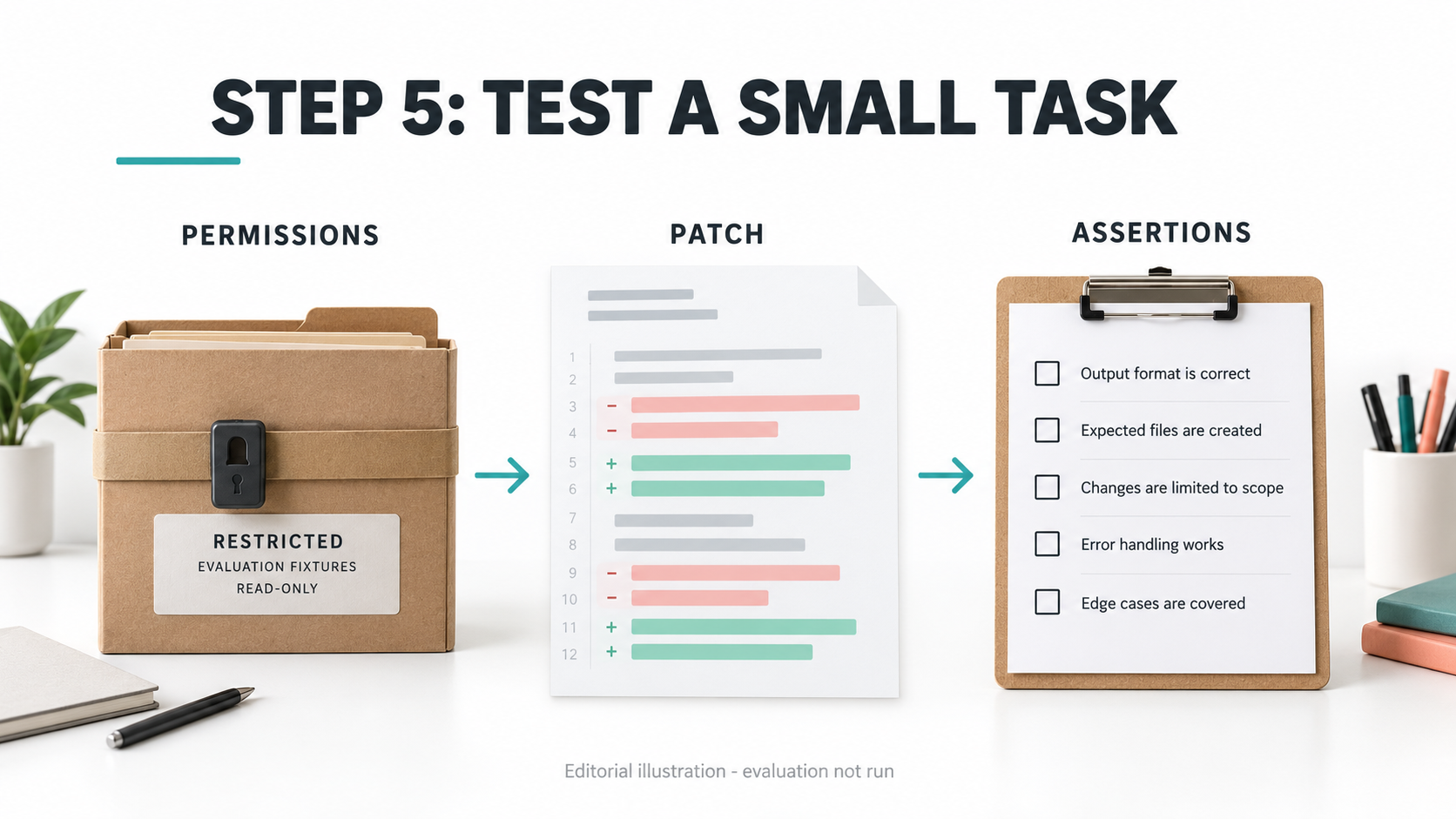 Editorial illustration of a Step 5 evaluation with restricted permissions, a patch and unfilled assertions