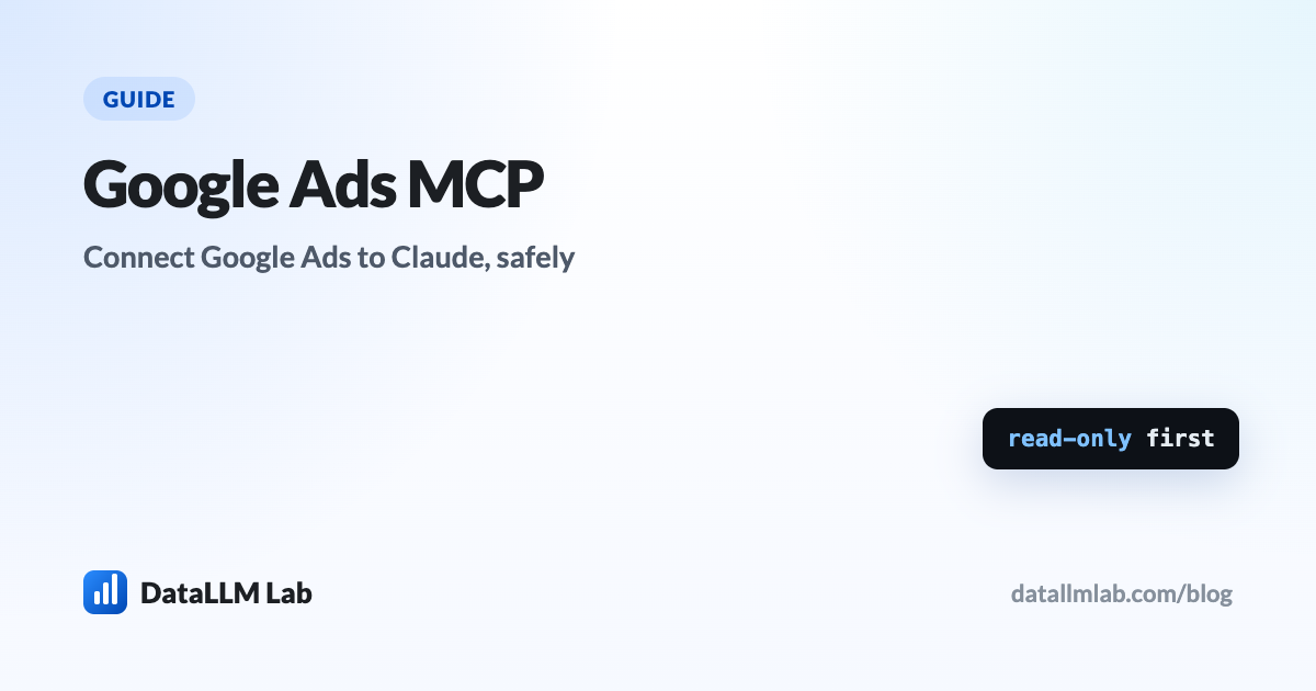 Vertical flow diagram of a local Google Ads MCP server from Claude Code through stdio to the Google Ads API, with the two auth boundaries labelled