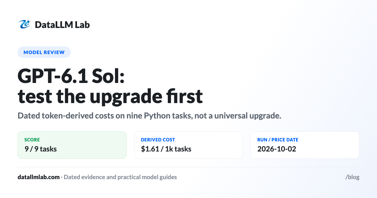 DataLLM Lab article cover: GPT-6.1 Sol pricing, dated task costs and upgrade checks